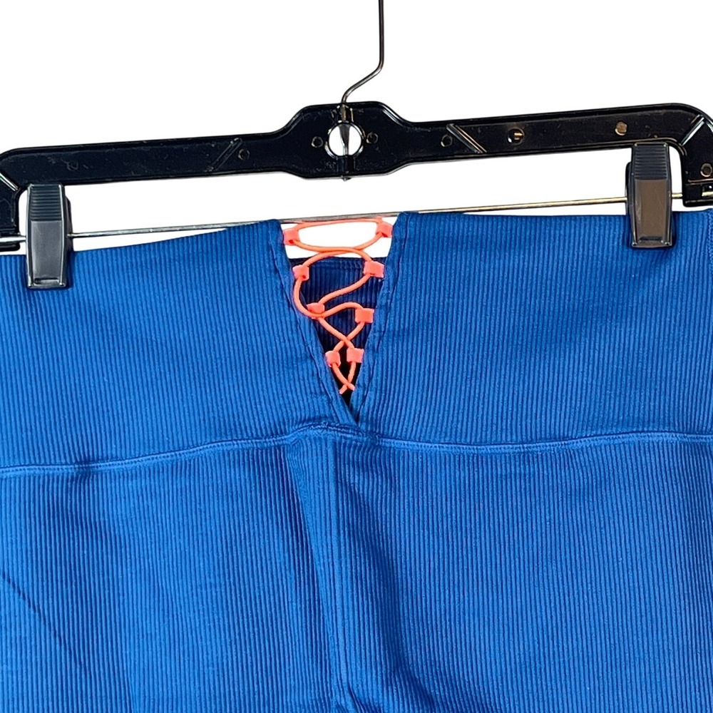 Fabletics Womens Large Ribbed High Rise Leggings Lace Up Back Marine Blue Yoga